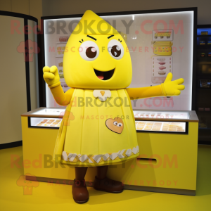 Lemon Yellow Chocolate Bar mascot costume character dressed with a Skirt and Keychains