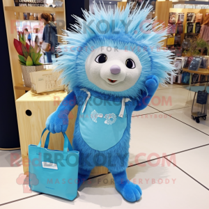 Sky Blue Porcupine mascot costume character dressed with a Playsuit and Tote bags