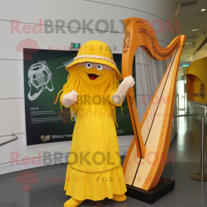 Yellow Celtic Harp mascot costume character dressed with a A-Line Dress and Hat pins