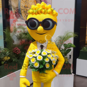 Yellow Bouquet Of Flowers mascot costume character dressed with a Waistcoat and Sunglasses