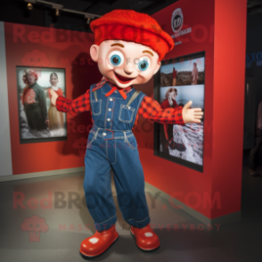 Red Irish Dancer mascot costume character dressed with a Denim Shirt and Beanies