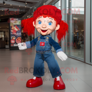 Red Irish Dancer mascot costume character dressed with a Denim Shirt and Beanies