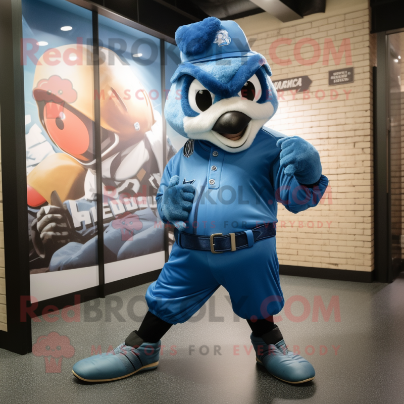 Cyan Blue Jay mascot costume character dressed with a Bomber Jacket and Belts