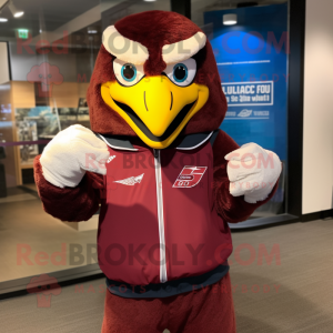 Maroon Falcon mascot costume character dressed with a Sweatshirt and Belts