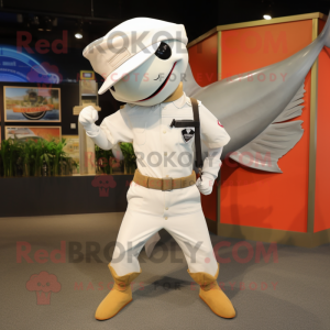 White Swordfish mascot costume character dressed with a Cargo Pants and Berets