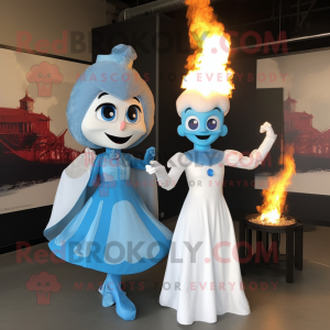 Sky Blue Fire Eater mascot costume character dressed with a Wedding Dress and Mittens