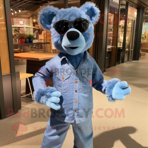 Blue Teddy Bear mascot costume character dressed with a Denim Shirt and Eyeglasses