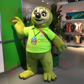 Lime Green Sloth mascot costume character dressed with a Polo Shirt and Brooches