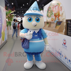 Blue Ice Cream Cone mascot costume character dressed with a Overalls and Messenger bags