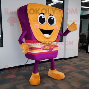 Magenta Grilled Cheese Sandwich mascot costume character dressed with a Bootcut Jeans and Shoe laces