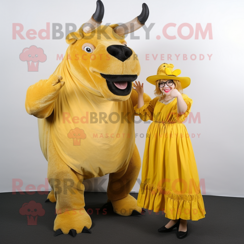 Yellow Woolly Rhinoceros mascot costume character dressed with a Maxi Dress and Berets