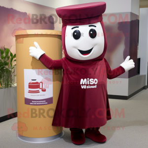 Maroon Miso Soup mascot costume character dressed with a Wrap Dress and Caps