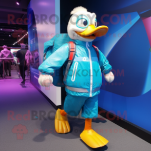 Cyan Geese mascot costume character dressed with a Windbreaker and Backpacks