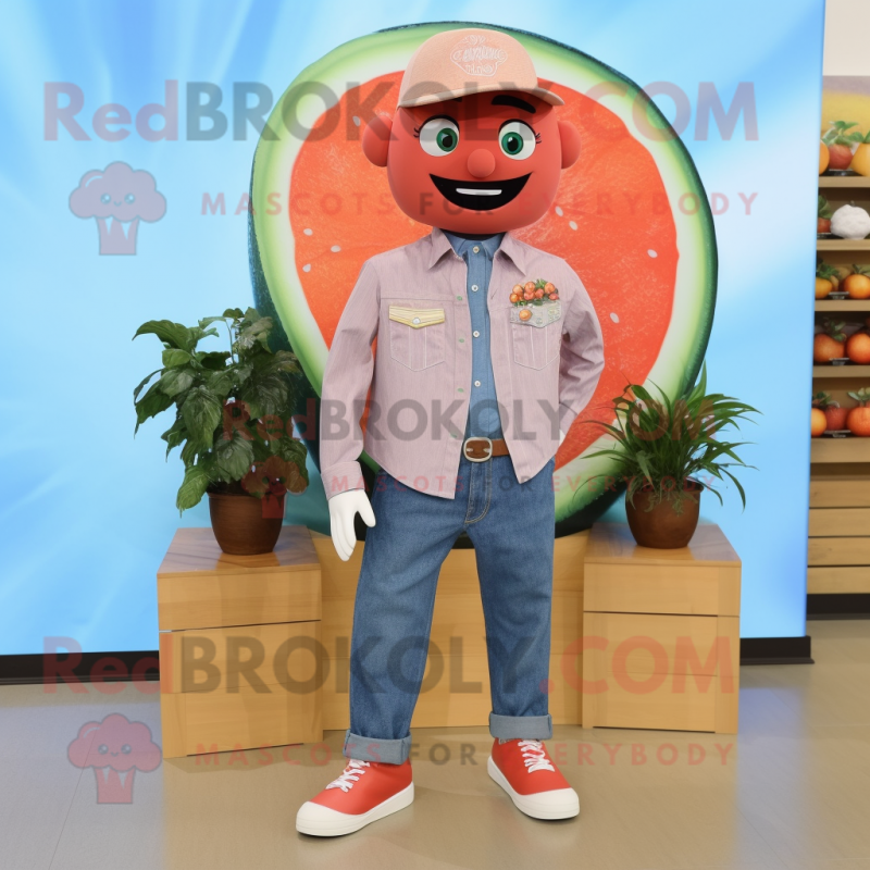 Red Grapefruit mascot costume character dressed with a Chambray Shirt and Shoe clips