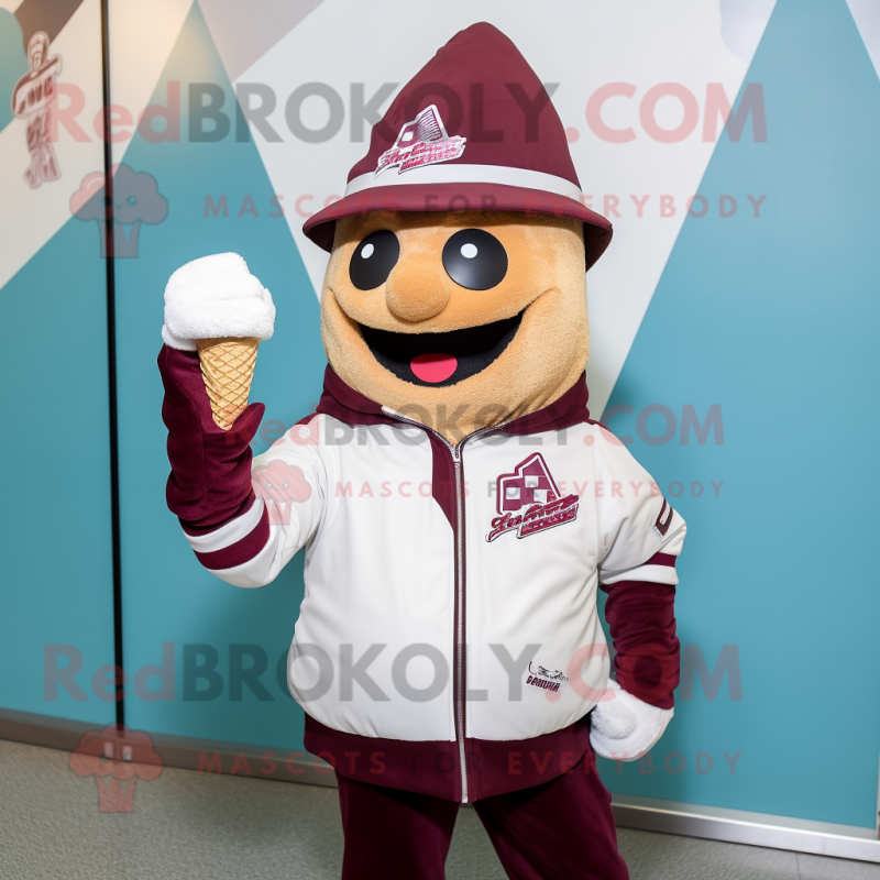 Maroon Ice Cream Cone mascot costume character dressed with a Bomber Jacket and Beanies