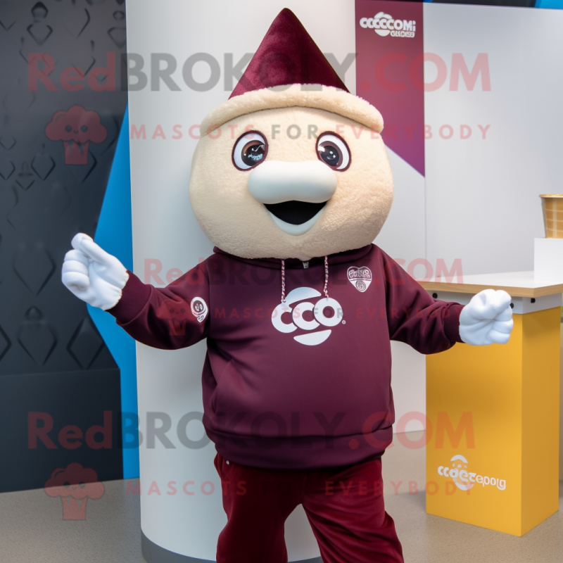 Maroon Ice Cream Cone mascot costume character dressed with a Bomber Jacket and Beanies