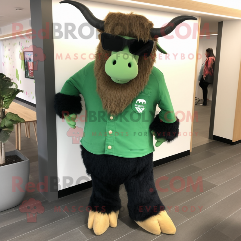Forest Green Yak mascot costume character dressed with a Bootcut Jeans and Sunglasses