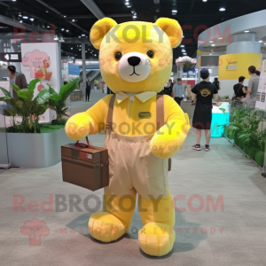 Lemon Yellow Teddy Bear mascot costume character dressed with a Cargo Pants and Coin purses