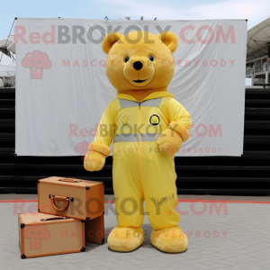 Lemon Yellow Teddy Bear mascot costume character dressed with a Cargo Pants and Coin purses