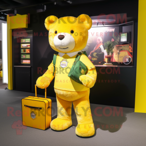 Lemon Yellow Teddy Bear mascot costume character dressed with a Cargo Pants and Coin purses