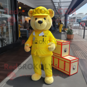 Lemon Yellow Teddy Bear mascot costume character dressed with a Cargo Pants and Coin purses