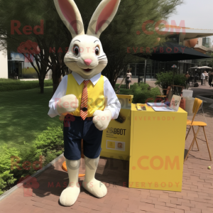 Lemon Yellow Wild Rabbit mascot costume character dressed with a Oxford Shirt and Clutch bags