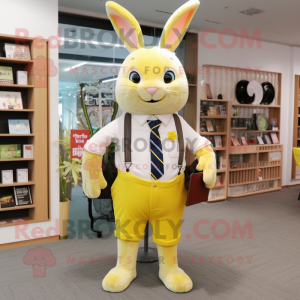 Lemon Yellow Wild Rabbit mascot costume character dressed with a Oxford Shirt and Clutch bags