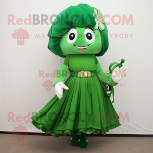 Forest Green Miso Soup mascot costume character dressed with a Wrap Dress and Hairpins