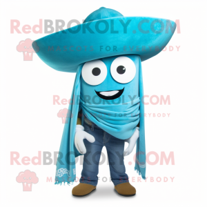 Cyan Tacos mascot costume character dressed with a Bootcut Jeans and Scarves