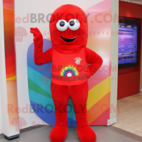 Red Rainbow mascot costume character dressed with a Bootcut Jeans and Scarf clips