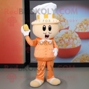 Peach Pop Corn mascot costume character dressed with a Shift Dress and Caps