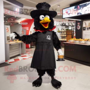 Black Fried Chicken mascot costume character dressed with a Culottes and Hat pins