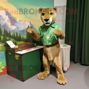 Green Mountain Lion mascot costume character dressed with a Midi Dress and Cufflinks