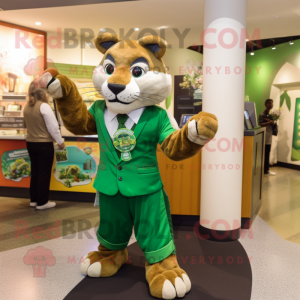 Green Mountain Lion mascot costume character dressed with a Midi Dress and Cufflinks