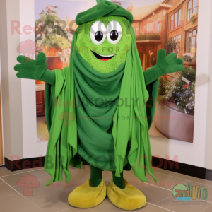 Forest Green Pesto Pasta mascot costume character dressed with a Coat and Shawl pins