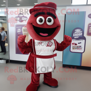 Maroon Lasagna mascot costume character dressed with a Jumpsuit and Cufflinks