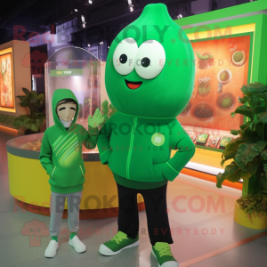 Forest Green Zucchini mascot costume character dressed with a Sweatshirt and Watches