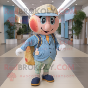 Peach Ice mascot costume character dressed with a Chambray Shirt and Backpacks