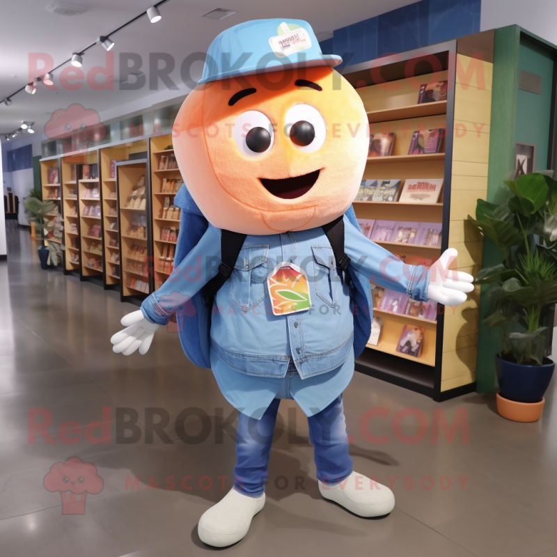 Peach Ice mascot costume character dressed with a Chambray Shirt and Backpacks