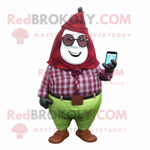 Maroon Pear mascot costume character dressed with a Flannel Shirt and Smartwatches