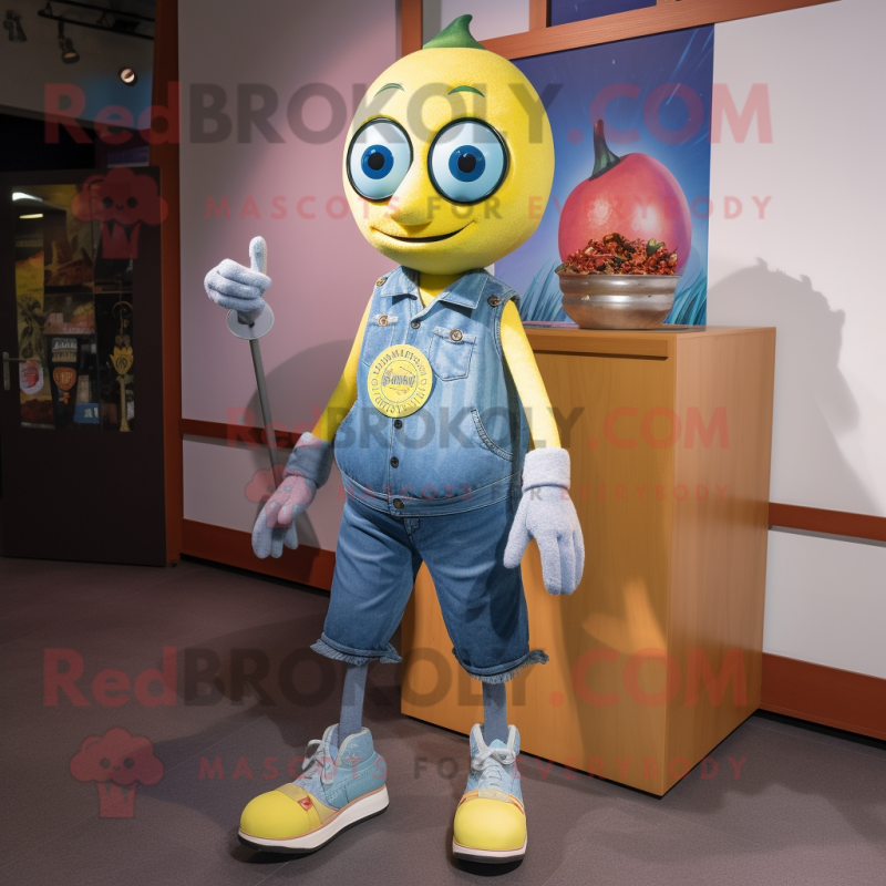 Rust Lemon mascot costume character dressed with a Denim Shorts and Anklets