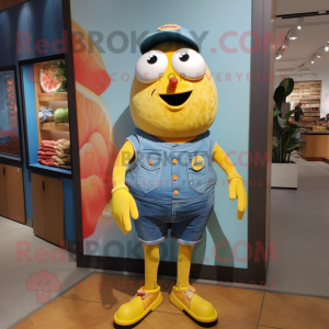 Rust Lemon mascot costume character dressed with a Denim Shorts and Anklets