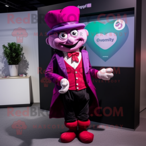 Magenta Heart mascot costume character dressed with a Waistcoat and Suspenders