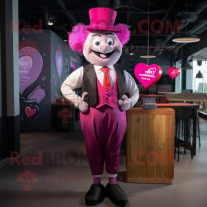Magenta Heart mascot costume character dressed with a Waistcoat and Suspenders