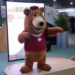 Maroon Capybara mascot costume character dressed with a Playsuit and Hair clips