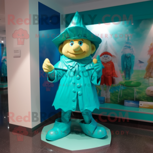 Turquoise Leprechaun mascot costume character dressed with a Raincoat and Berets