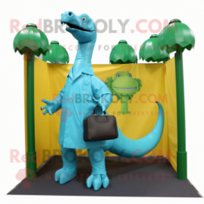 Cyan Brachiosaurus mascot costume character dressed with a Raincoat and Briefcases