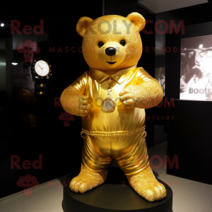 Gold Teddy Bear mascot costume character dressed with a Jeggings and Bracelet watches