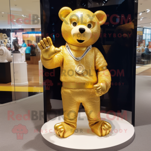 Gold Teddy Bear mascot costume character dressed with a Jeggings and Bracelet watches