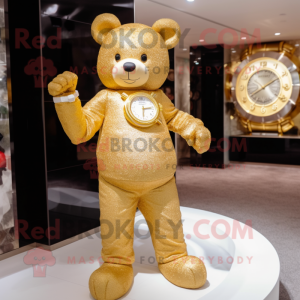 Gold Teddy Bear mascot costume character dressed with a Jeggings and Bracelet watches